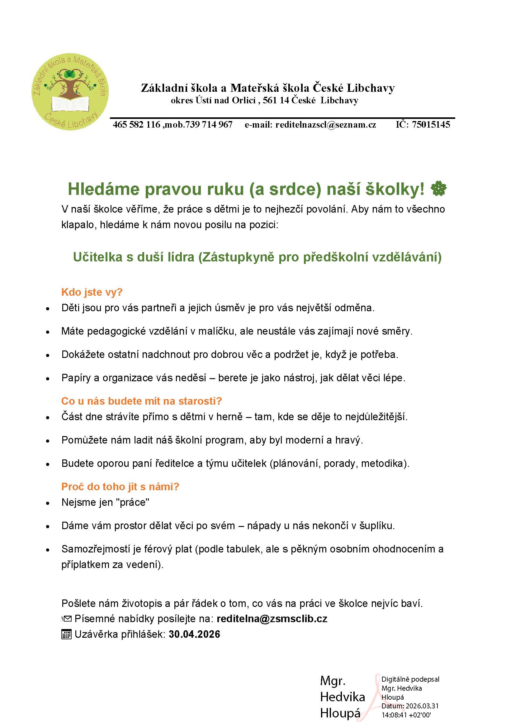 Inzerát MŠ PRACOVNÍ POZICE